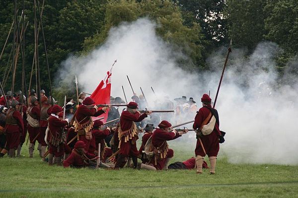 Historical reenactors depicting the New Model Army during the Battle of Naseby. The New Model Army was formed in 1645 by the Parliamentarians of the E