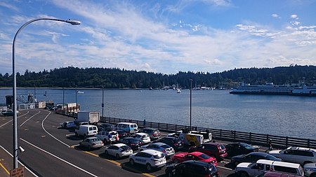 Seattle-bound cars waiting at Bainbridge Island Ferry Terminal.jpg
