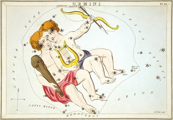 Gemini as depicted in Urania's Mirror, a set of constellation cards published in London c.1825.
