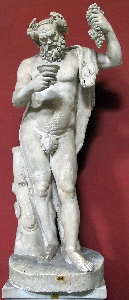 Roman copy of Hellenistic statue of Silenus holding a bunch of grapes and a cup of wine, Vatican Museums (Pius-Clementine Museum, Room of the Muses), 