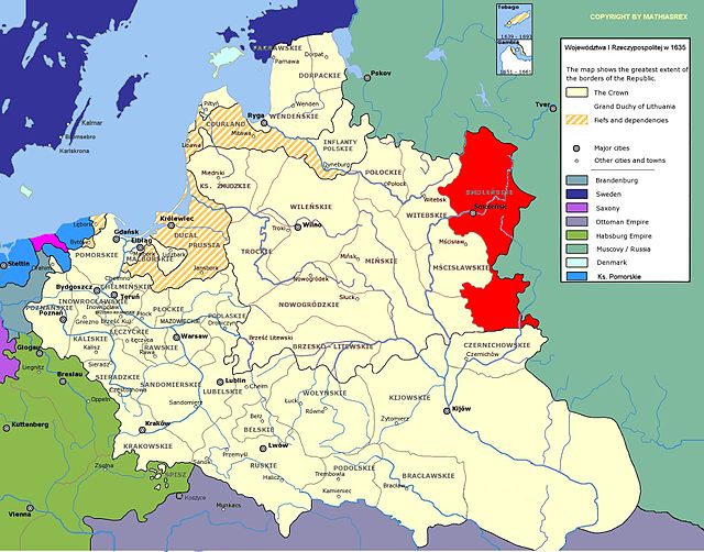 Смоленське воєводство на карті Речі Посполитої в 1635 р. (виділено червоним кольором)