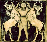 Master of animals motif in a panel of the soundboard of the "Bull Headed Lyre"