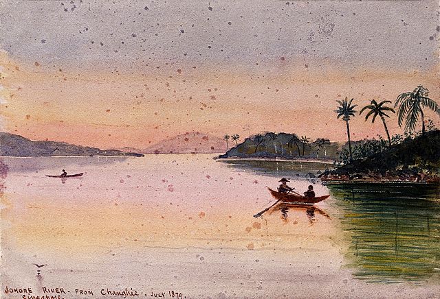 A painting by John Edmund Taylor showing people in rowboats on the Johor River in the evening seen from Changi in Singapore, July 1879