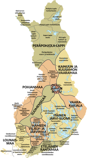 Kort over de geofysiske regioner i Finland med Suomenselkä i centrum af landet.