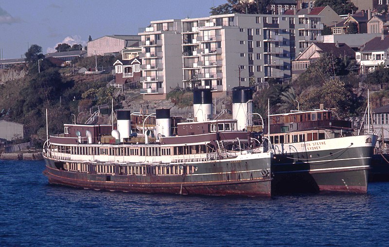 File:Sydney Ferries BELLUBERA and SOUTH STEYNE at Balmain, 1970s.jpg