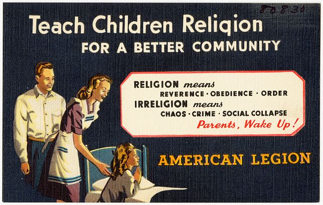 An American Legion postcard urging parents to teach religion to their children as a civic duty, c. 1930s