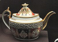 Teapot and stand, New Oval shape, c. 1800-1805, Minton, bone china, overglaze enamels, gilding - Gardiner Museum, Toronto - DSC00775.JPG