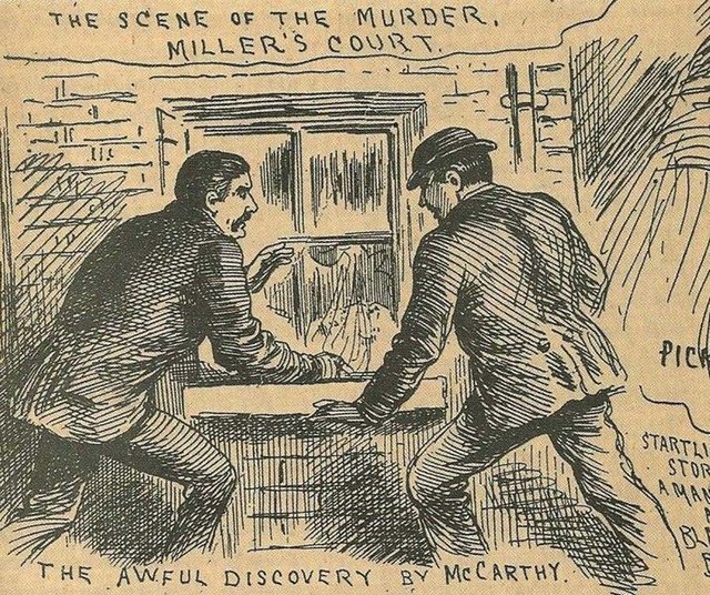 17 November 1888 Illustrated Police News sketch depicting Thomas Bowyer and John McCarthy's discovery of Kelly's body