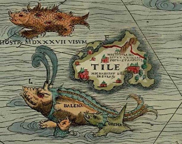 Thule as Tile on the Carta marina of 1539 by Olaus Magnus, where it is shown located to the northwest of the Orkney islands, with a "monster, seen in 
