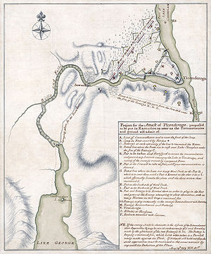 Restored manuscript map for the British plan of attack "proposed to be put in Execution as near as the circumstances and ground will admit of", dated May 29, 1759 Ticonderoga attack plan2.jpg