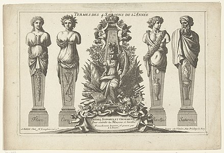 Baroque designs of caryatids (left) and atlantes (right), each symbolizing a season of the year, by Jean Le Pautre, c.1670-1680, etching on paper