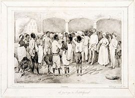 Pencil drawing 1843 Meerzorg Plantation.  Distribution of salted cod to slaves.