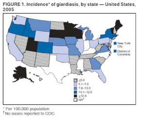 Rates of giardiasis in 2005 in the United States US giardiasis incidence 2005.gif