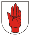 D'argento, alla mano sinistra appalmata di rosso (stemma dell'Ulster)