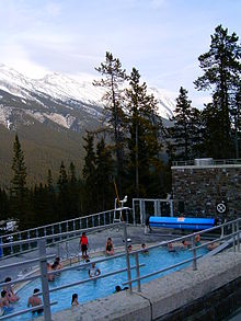 Pool area with mountain view Upper Hot Springs Banf BNP 2529.JPG