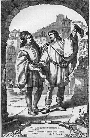 H.C. Selous' illustration of Valentine and Proteus' farewell in act 1, scene 1; from The Plays of William Shakespeare: The Comedies, edited by Charles Cowden Clarke and Mary Cowden Clarke (1830)