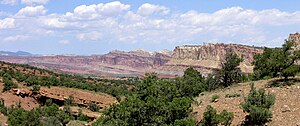 The Waterpocket Fold is the major geographic feature in the area of the park. This view is from above Capitol Reef Scenic Drive looking back at the west face of the broken and eroded fold. Waterpocket Fold from above Capitol Reef Scenic Drive.jpeg