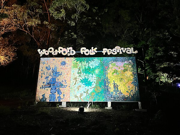 Woodford Folk Festival 2023-2024, festival sign near main stage