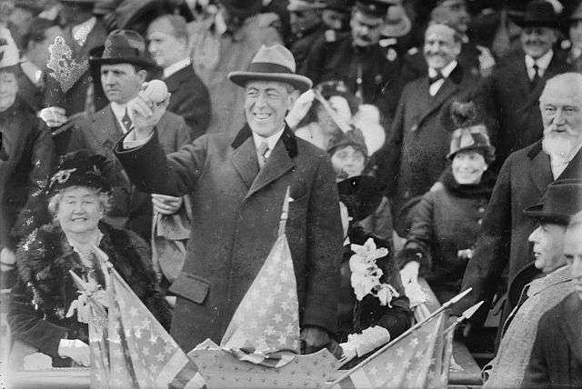 U.S. President Woodrow Wilson throws out the ceremonial first pitch, first for a president in a World Series.