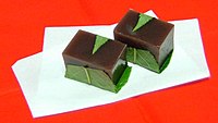 Yōkan (羊羹) is a thick Japanese jellied dessert made of adzuki bean paste, agar, and sugar