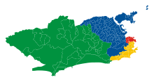 La ville de Rio de Janeiro est divisée en quatre zones géographiques : le Centre (rouge), la Zone Sud (orange), la Zone Nord (bleu) et la Zone Ouest (vert).