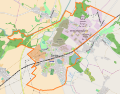 Mapa konturowa Żarowa, w centrum znajduje się punkt z opisem „Parafia Najświętszego Serca Pana Jezusa”