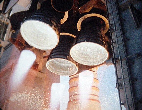 Space Shuttle Atlantis's three Block II RS-25D main engines at liftoff during the launch of STS-110.