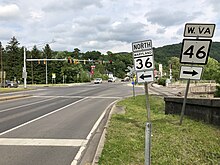 The junction of MD 36 and MD 135 in Westernport 2019-05-17 16 05 54 View east along Maryland State Route 135 (Church Street-Front Street) at Maryland State Route 36 (New Georges Creek Road) in Westernport, Allegany County, Maryland.jpg