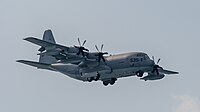 A United States Marine Corps KC-130J, registration number 169535, on final approach at Kadena Air Base in Okinawa, Japan. The aircraft belongs to VMGR-152 at Marine Corps Air Station Iwakuni.