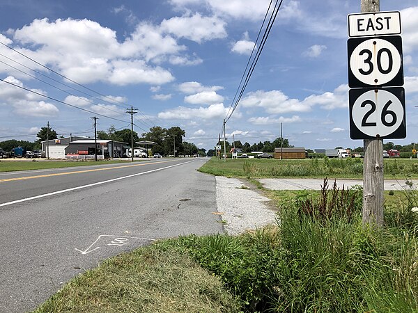 DE 30 eastbound along its former concurrency with DE 26 in Gumboro in 2022