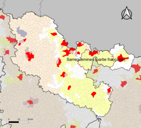 Localização da área de atração de Sarreguemines (parte francesa) no departamento de Moselle.