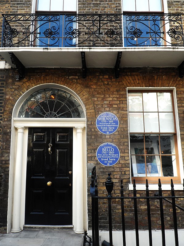 Miranda's house in London, where he lived between 1802 and 1810, until he traveled to Venezuela to join the independence movement.
