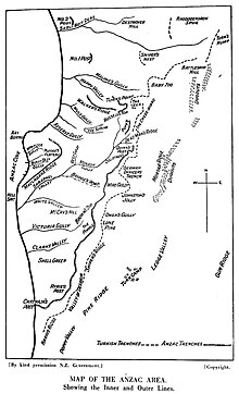 ANZAC beachhead, No.2 Post in the north, Chatham's Post in the south. Turkish trenches are shown by the dotted line. ANZAC bridge-head positions.jpg