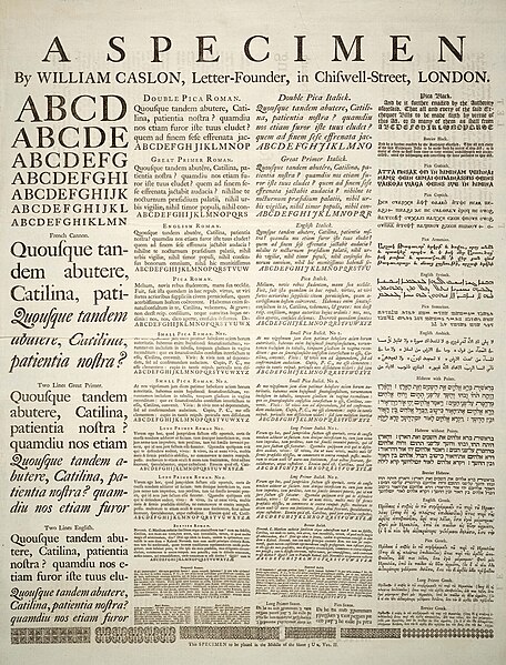 William Caslon's specimen sheet (dated 1734 but actually issued from 1738 onwards). Some of the types shown were not cut by Caslon, most notably the F