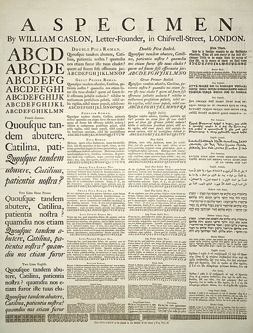 A Specimen of typefaces and styles, by William Caslon, letter founder; from the 1728 Cyclopaedia