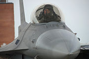 A U.S. Air Force Airman from the 169th Fighter Wing conducts post flight tasks in an F-16 Fighting Falcon aircraft during a phase II operational readiness evaluation at McEntire Joint National Guard Base, S.C