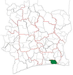 Местоположение в Кот д'Ивоар. Департамент Абиджан има тези граници от 1998 г.