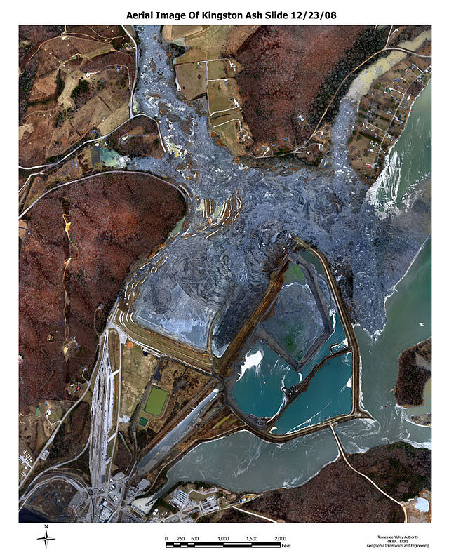 Aerial photo of pollution caused by leaking sludge storage pond