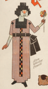 Detail of an illustration of Alma Webster Powell in so-called Cubist fashion, wearing a blocky dress and holding a rose.