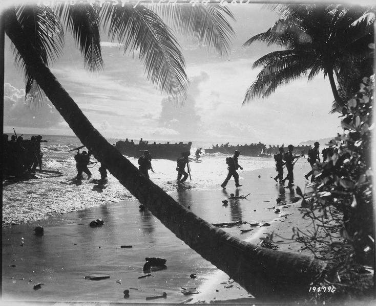 File:American troops of the 160th Infantry Regiment rush ashore from a landing boat during amphibious training here.... - NARA - 531205.tif