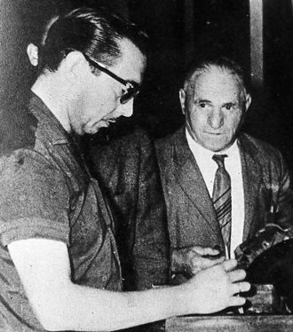 Peronist Andres Framini votes in the 1962 gubernatorial elections. His victory in the paramount Province of Buenos Aires helped lead to President Frondizi's overthrow and the elections' annulment. Andres Framini-1955-IIA-CEAL-10-259(1976).jpg