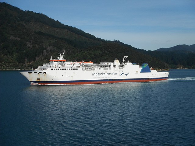 DEV Aratere in the Tory Channel, June 2018. The rail ferries operated by KiwiRail under the brand "Interisland Line" connect the networks of both the 