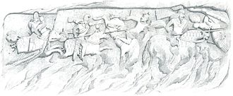 1840 illustration of a Sasanian relief at Firuzabad, showing Ardashir I's victory over Artabanus IV and his forces. Ardachir relief Firuzabad 1.jpg