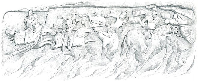 1840 illustration of a Sasanian relief at Firuzabad, showing Ardashir I's victory over Artabanus IV and his forces.