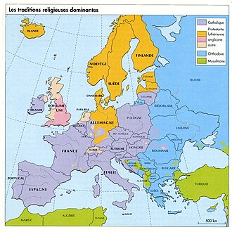 Map of Europe showing the largest religions by region. Eastern Christianity is represented in blue, Islam in green, and the other colors represent branches of Western Christianity. AtlEurRelig.jpg