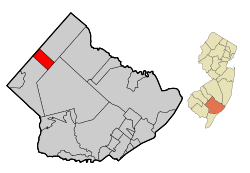 Map of Folsom in Atlantic County. Inset: Location of Atlantic County highlighted in the State of New Jersey.