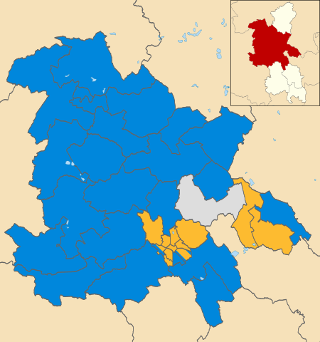 Map of the results of the 2007 Aylesbury Vale council election. Conservatives in blue, Liberal Democrats in yellow and Independents in grey. Aylesbury Vale UK local election 2007 map.svg