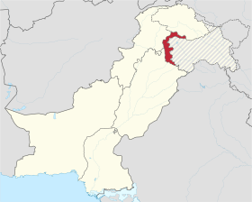 Azad Jammu and Kashmir (AJK) is shown in red. Rest of Pakistan is shown in white and rest of Jammu and Kashmir is hatched showing area with Pakistan's territorial claim