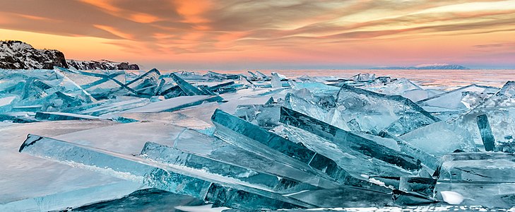 Baikal ice on sunset