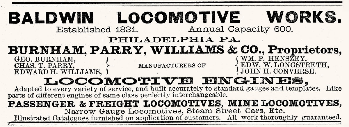 1882 advertisement for the Baldwin Locomotive Works